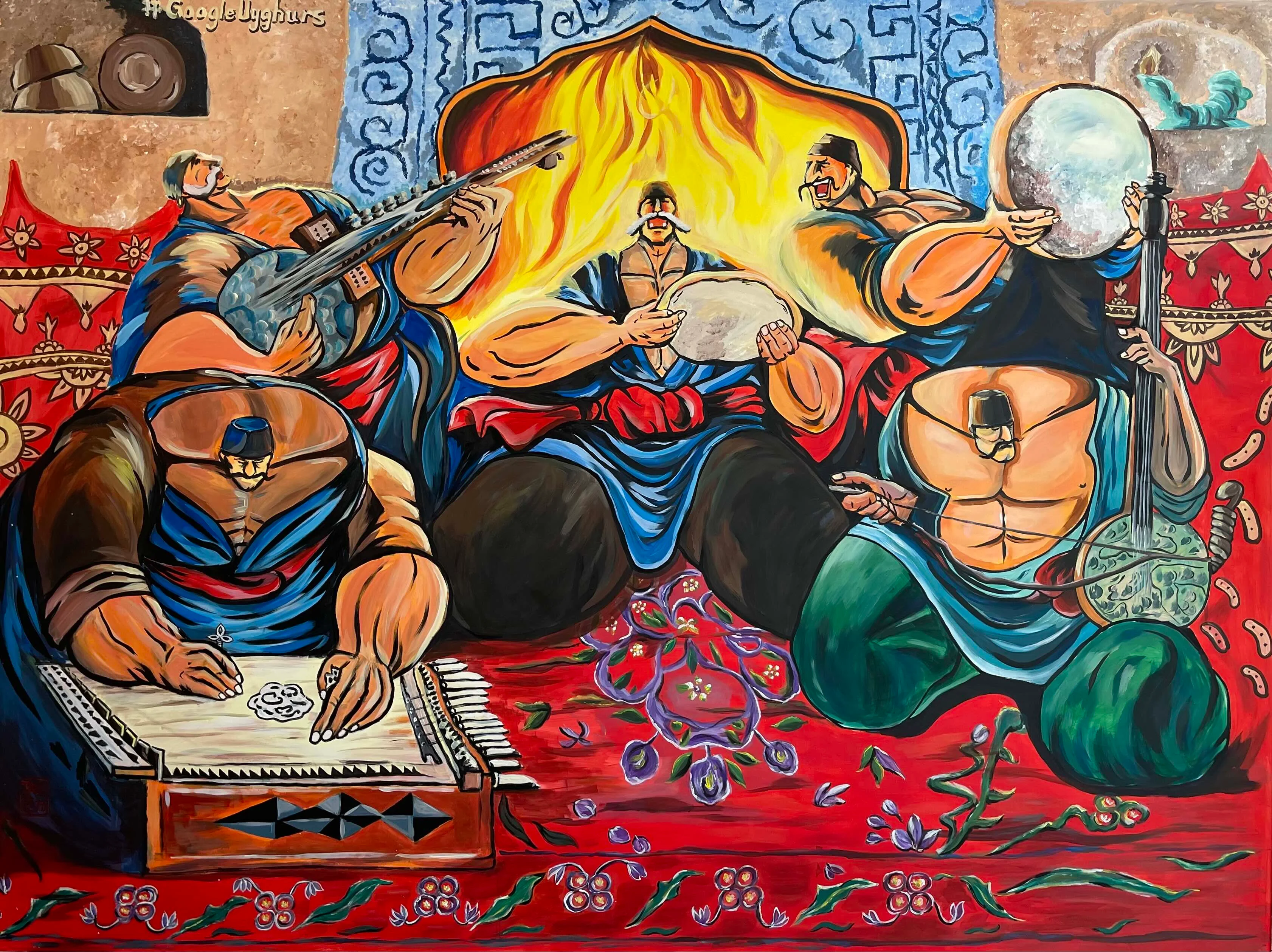 Colorful mural depicting musicians in traditional attire