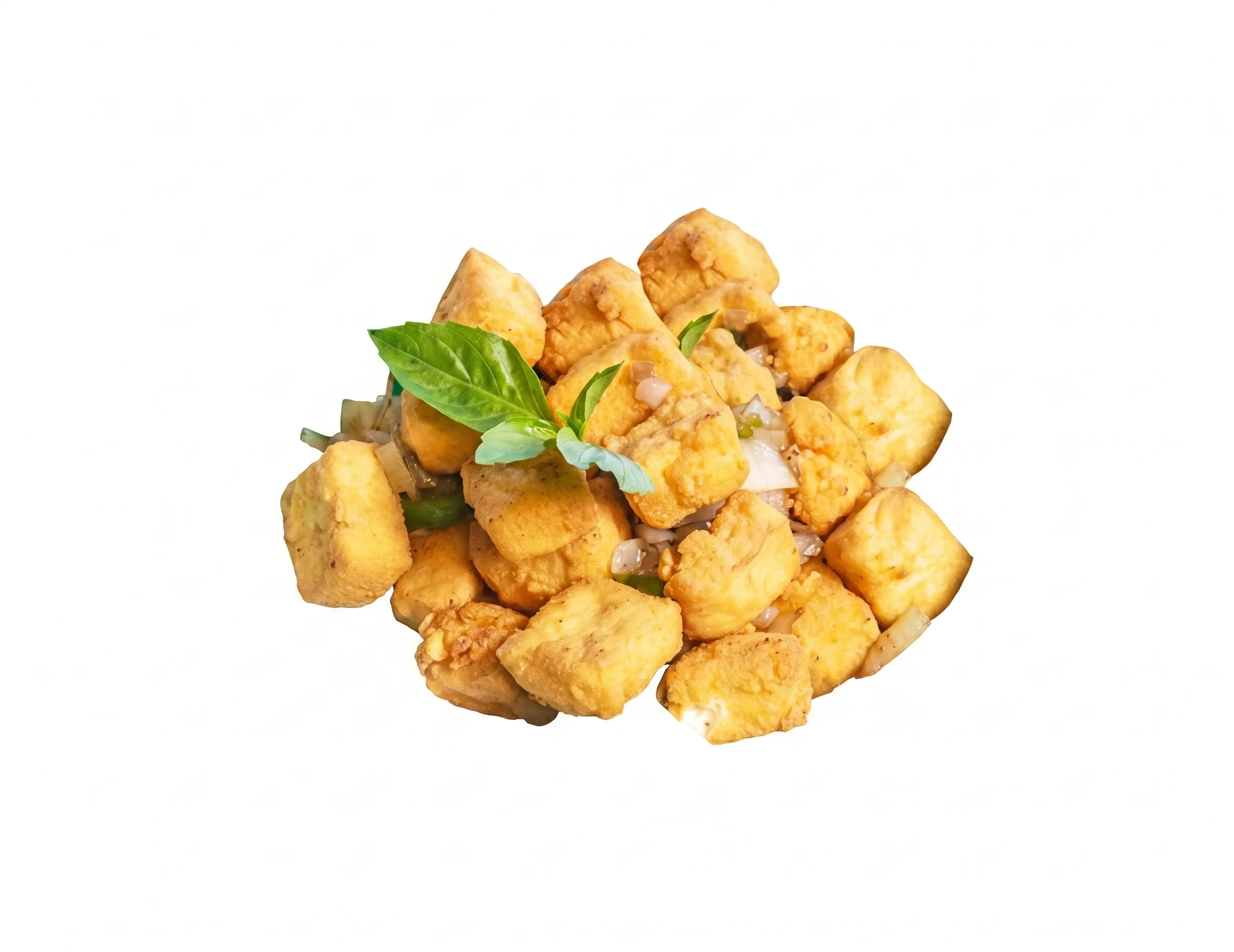 Fried tofu cubes garnished with basil and onions