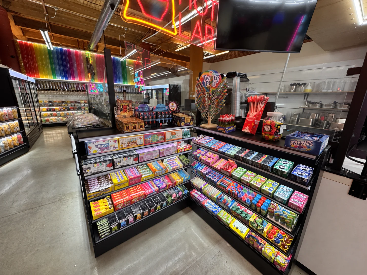 Colorful candy displays inside The Snack Lab in downtown St. Louis