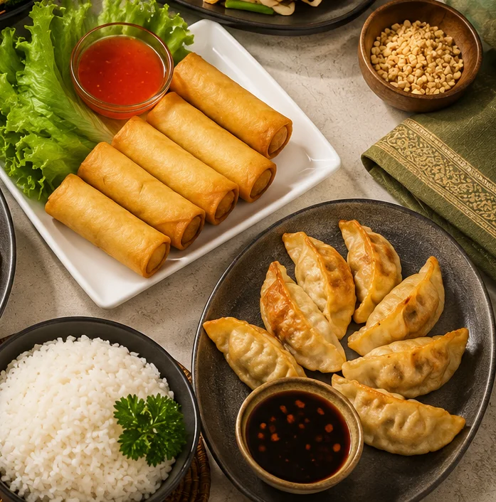 Assorted Asian dishes including pad thai and spring rolls