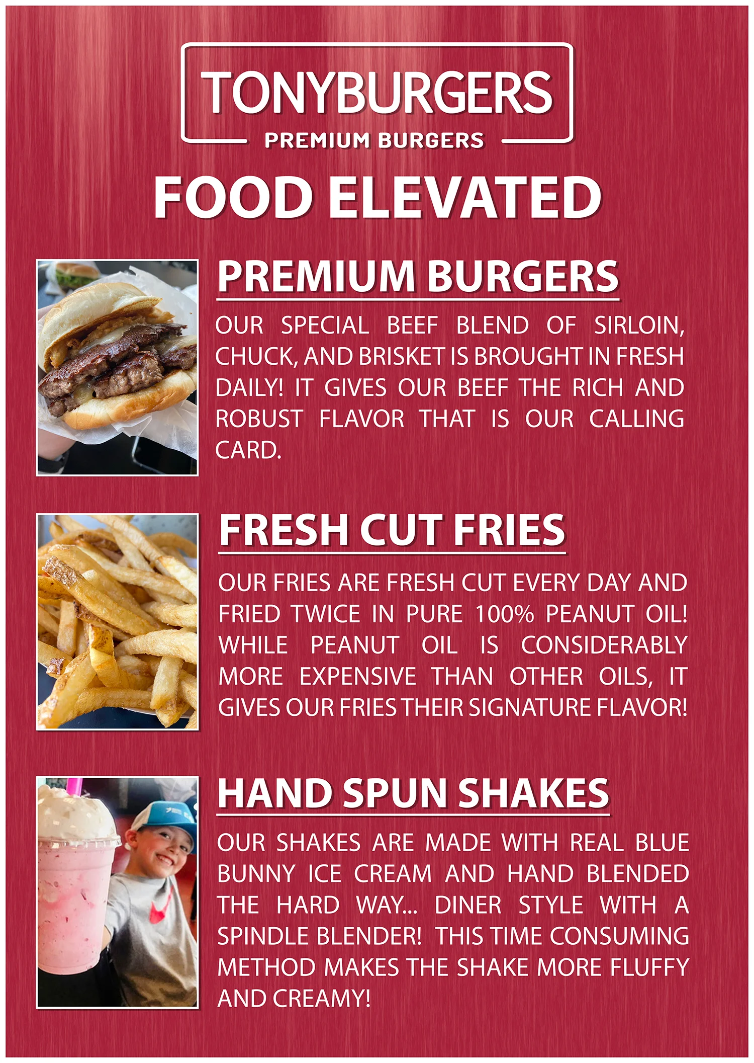 Restaurant promotional poster featuring premium burgers, fresh-cut fries, and hand-spun shakes