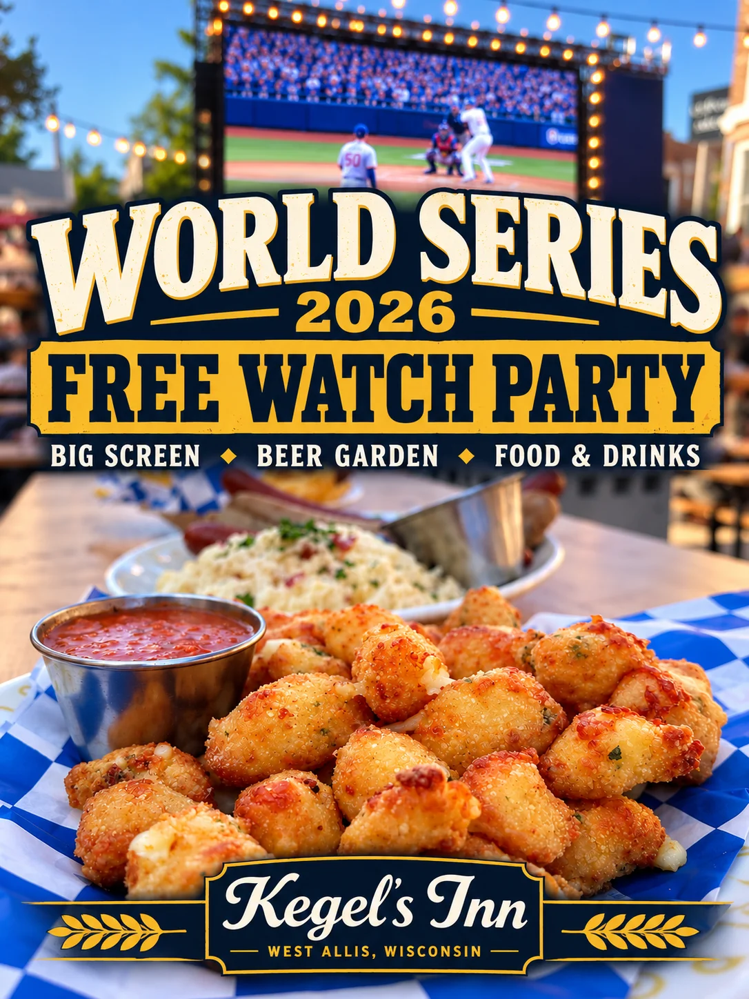 World Series 2026 free watch party poster for Kegel's Inn in West Allis, Wisconsin, showing a giant outdoor screen, string lights and fried cheese curds