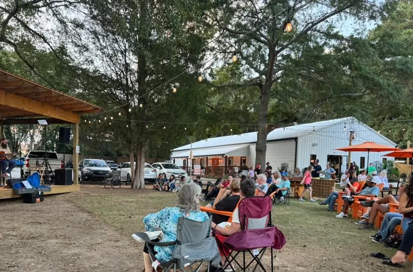 Outdoor live music event with audience seated on lawn chairs