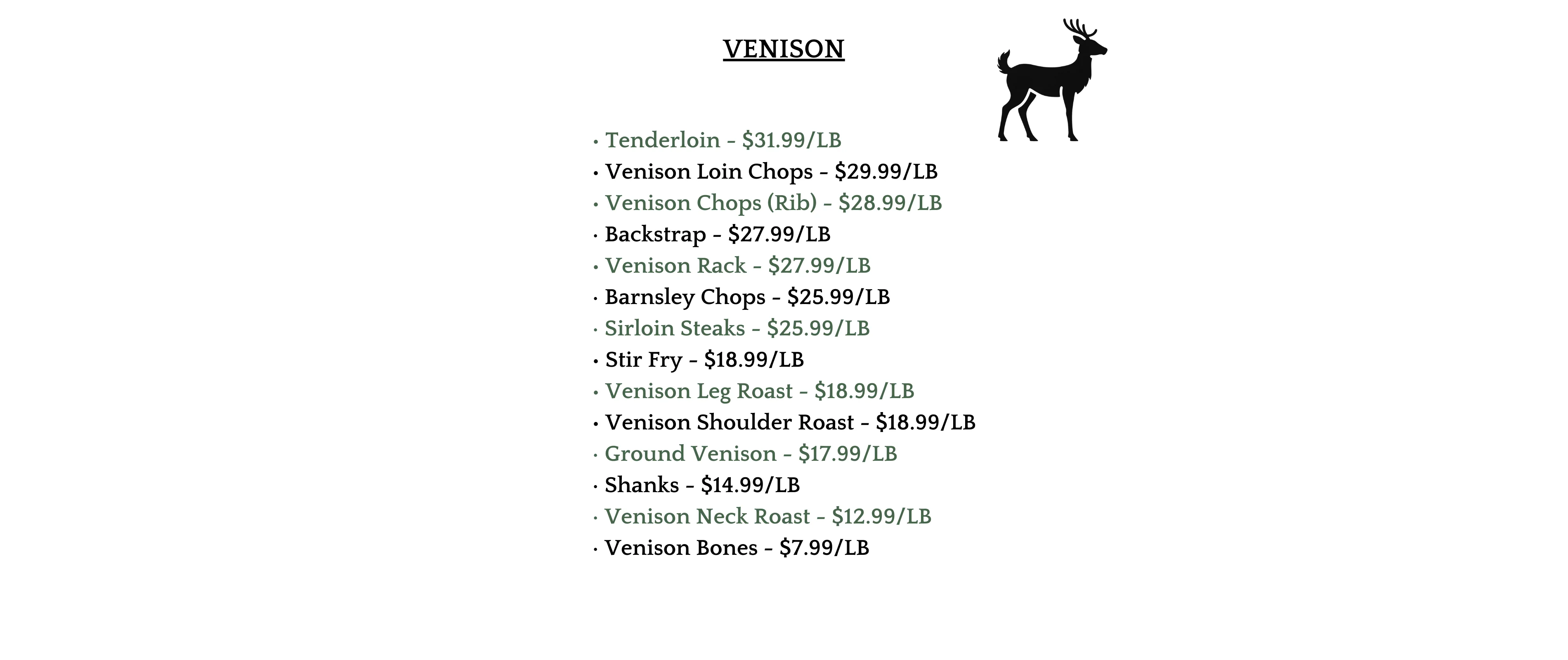 Variety of venison cuts displayed on a menu