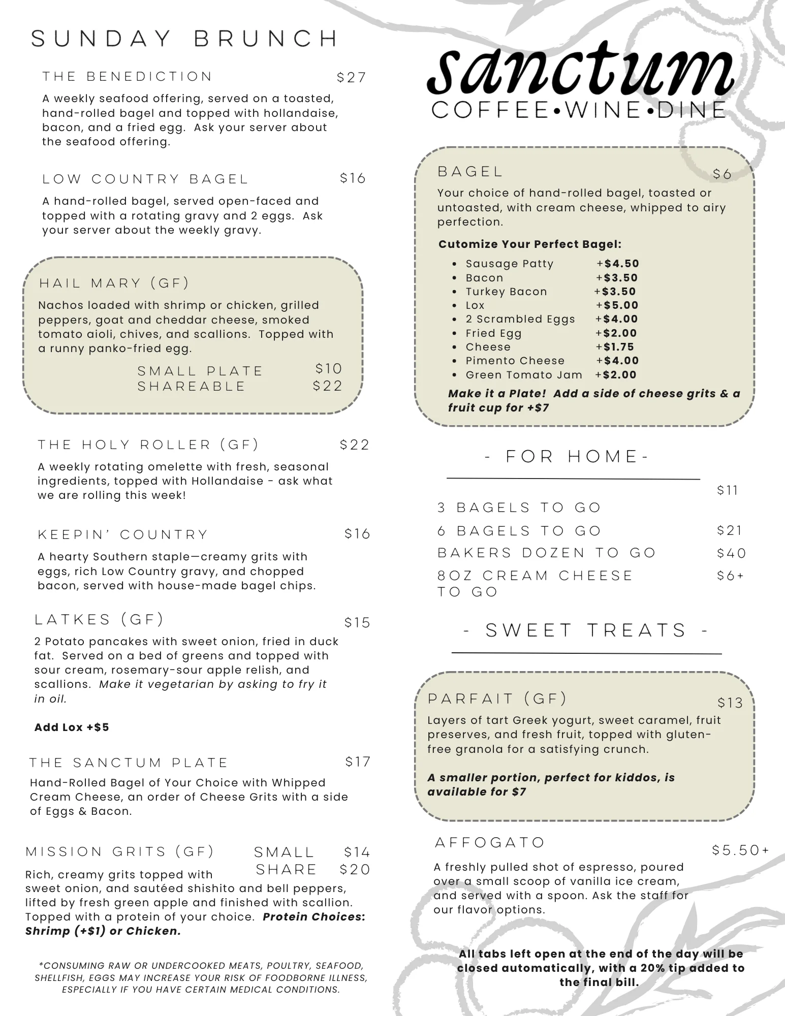 Brunch menu featuring diverse dishes at a cozy restaurant