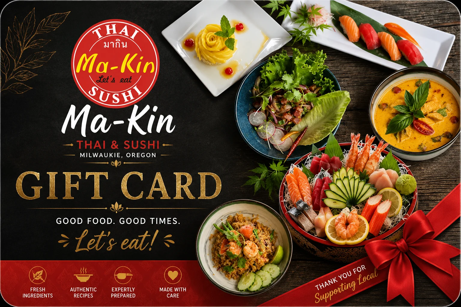 Thai and sushi gift card featuring vibrant dishes