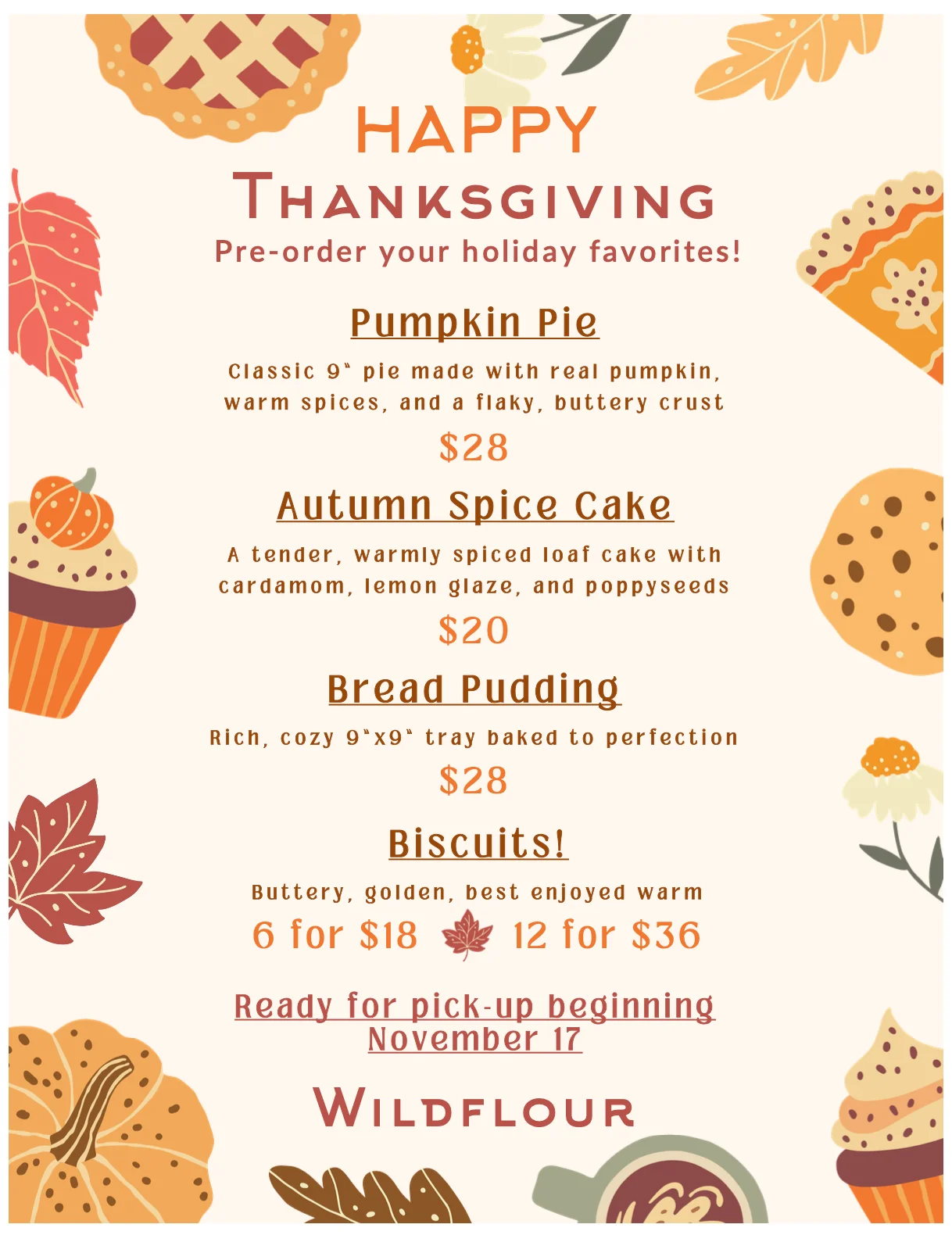 Holiday dessert menu featuring French Silk Pie and Bread Pudding