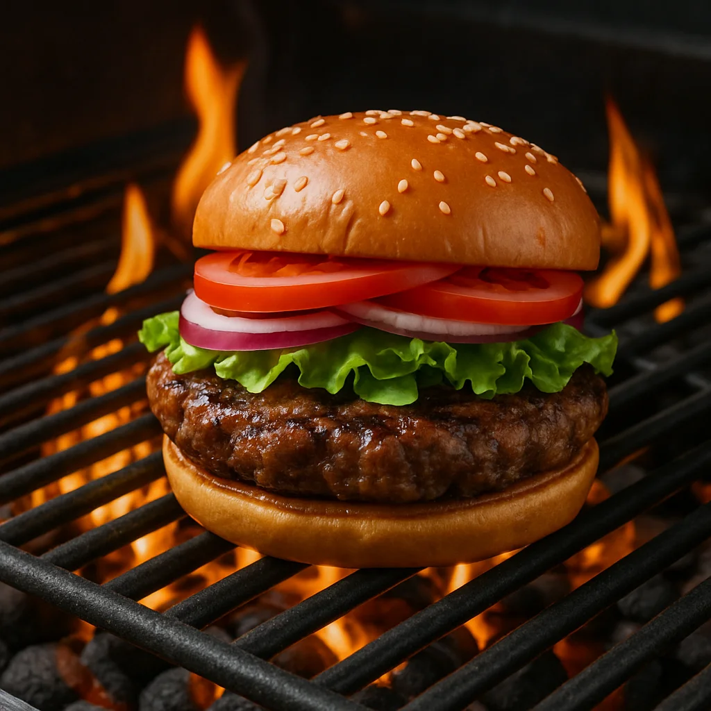 Juicy cheeseburger on a grill with flames