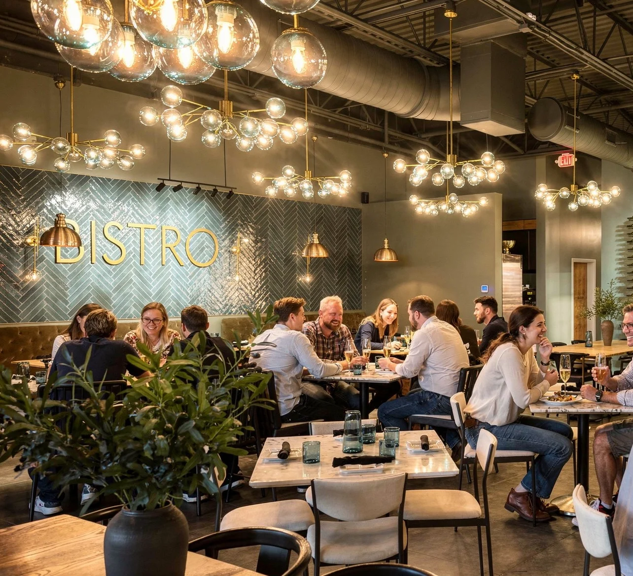 Modern restaurant interior with vibrant decor and lively dining atmosphere