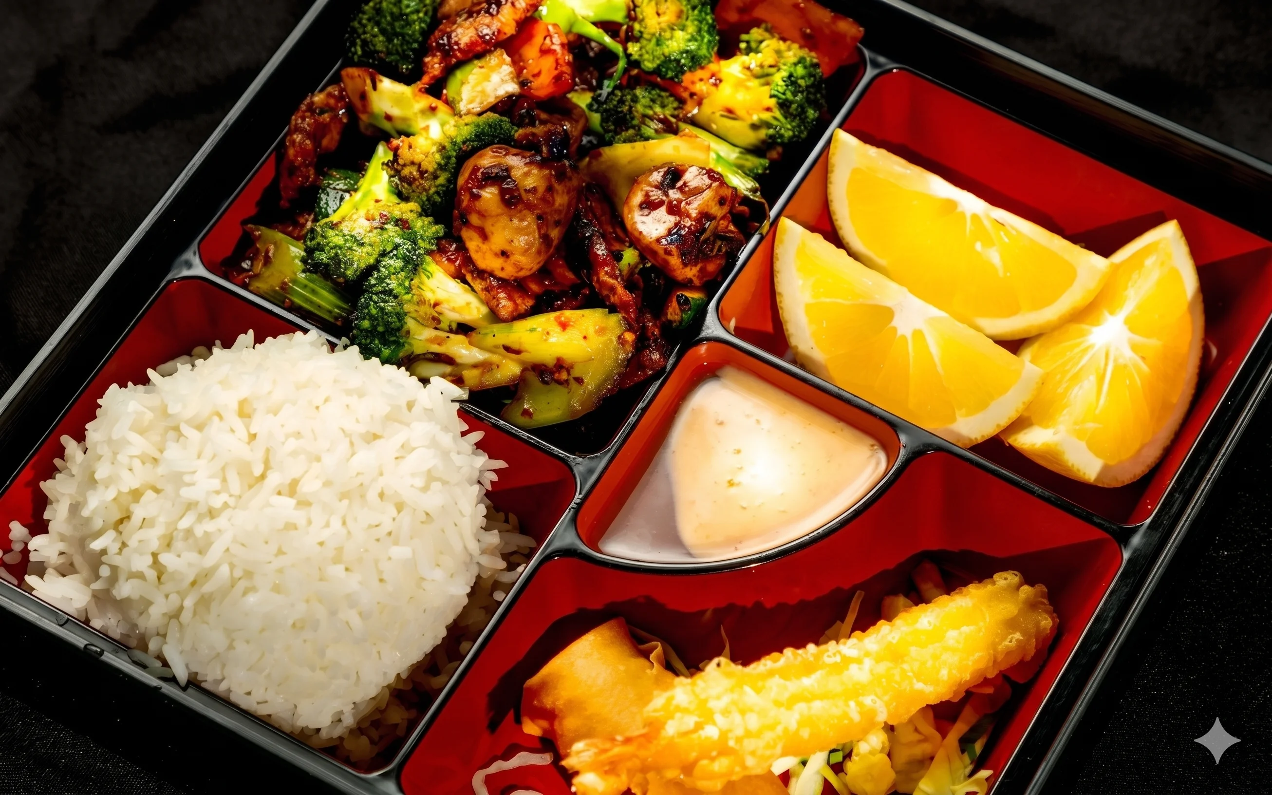 A bento box with rice, vegetables, orange slices, and dipping sauce.