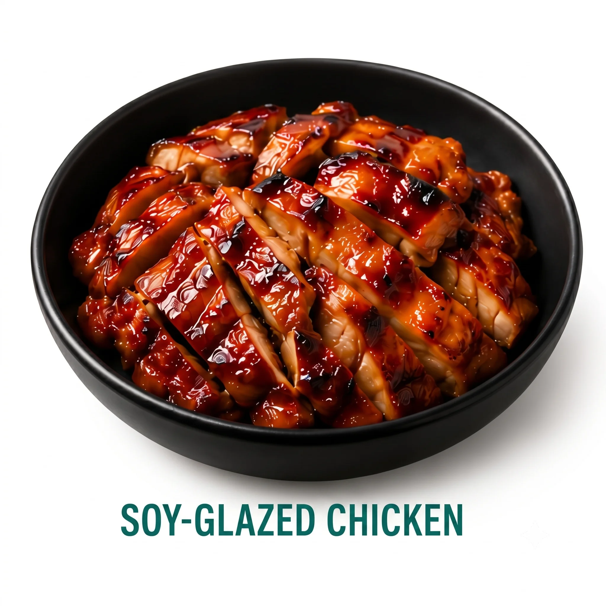 Bowl of sliced soy-glazed chicken with a shiny glaze.