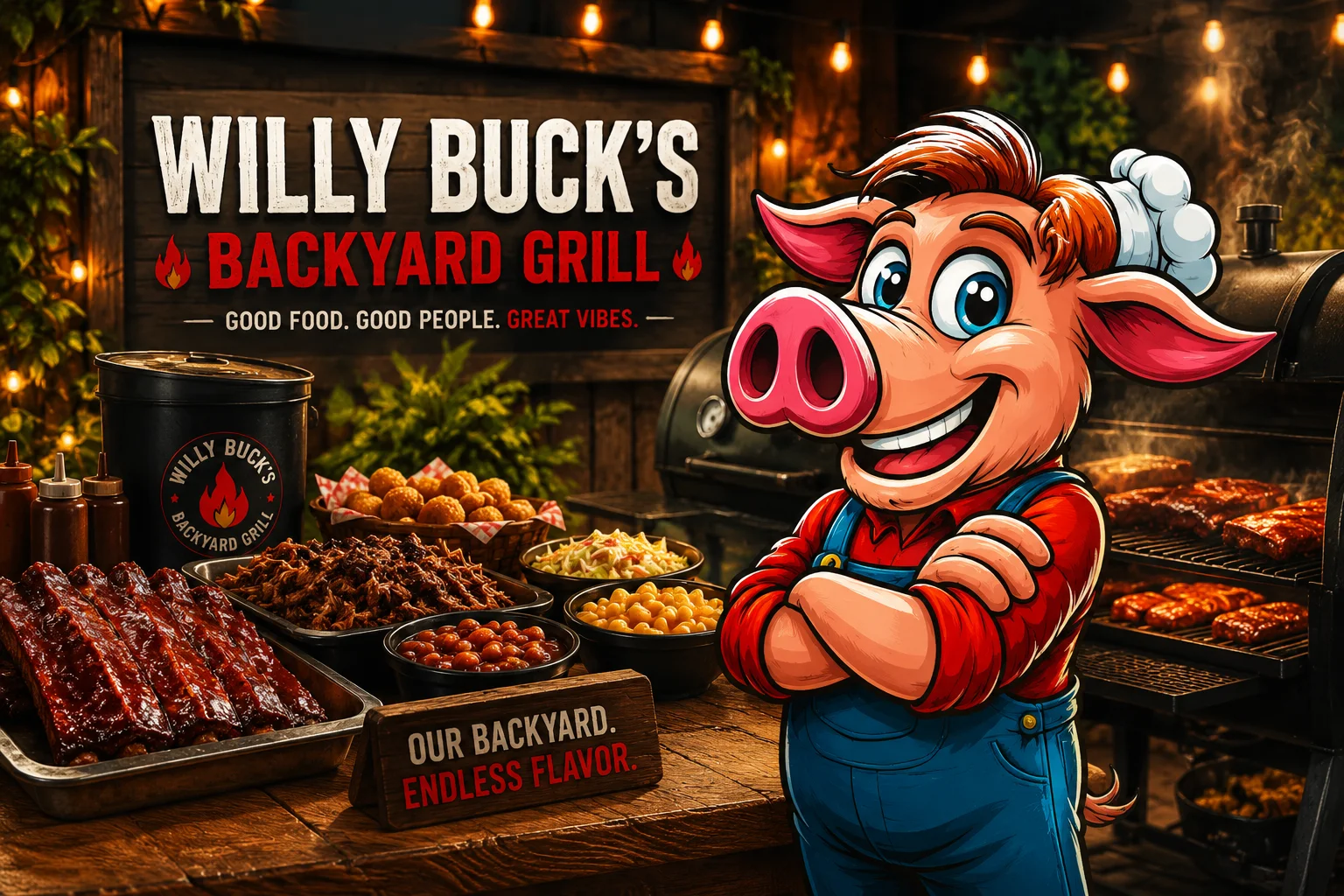 Cartoon pig chef at a backyard grill with barbecue dishes