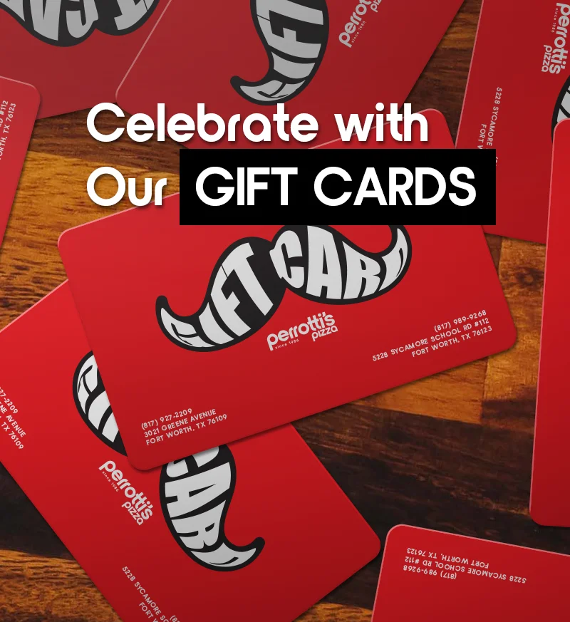 Gift cards for Perrotti's Pizza on a wooden table