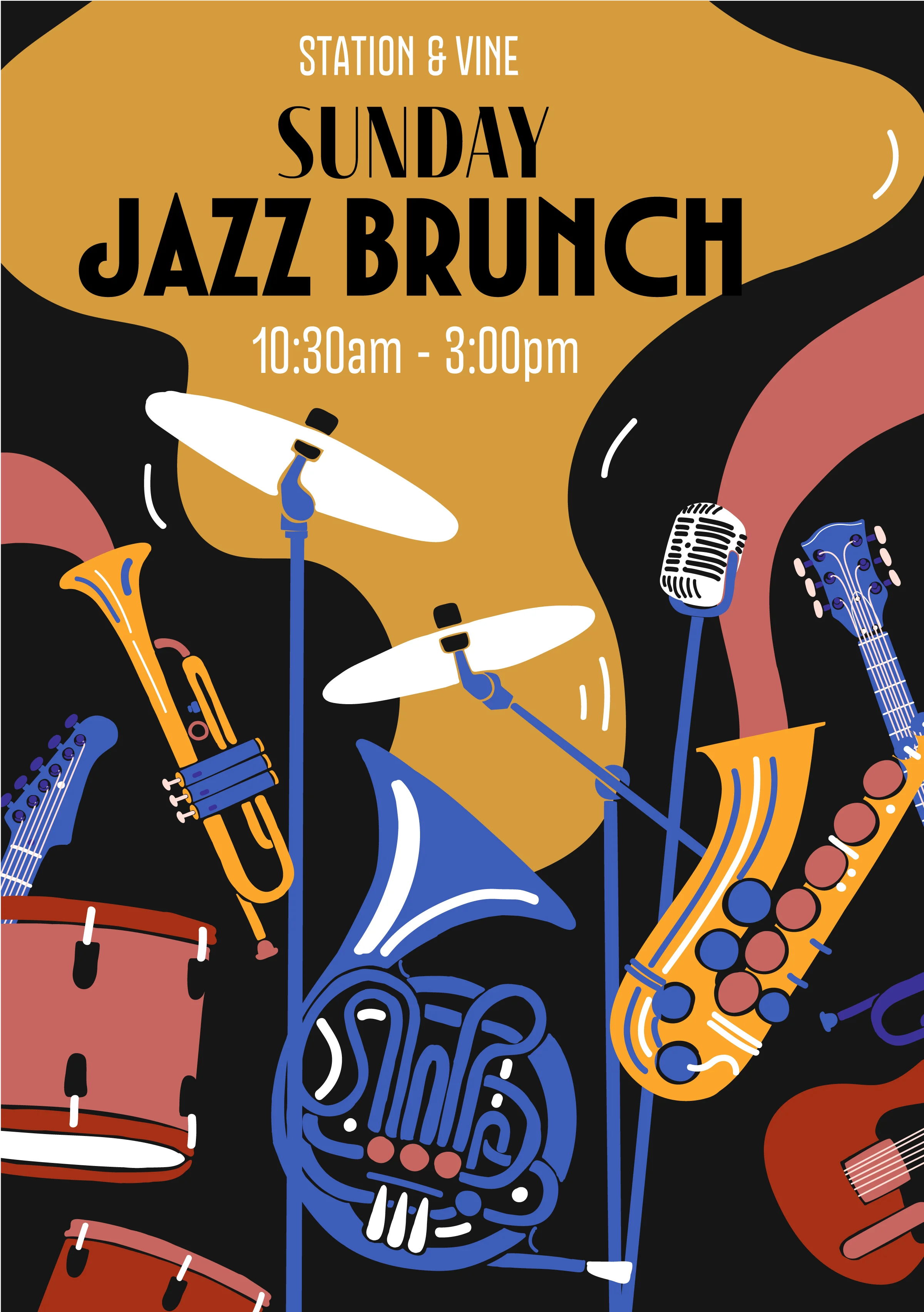 Colorful jazz brunch poster featuring musical instruments
