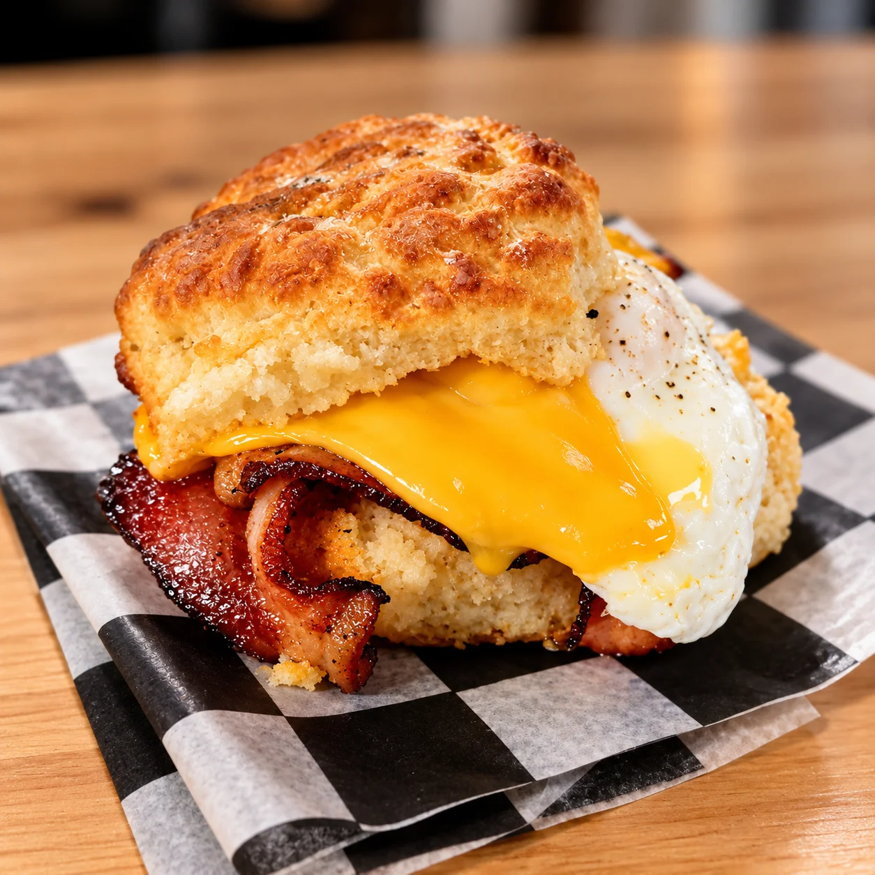 Southern-style breakfast biscuit sandwich with egg, cheese, and bacon