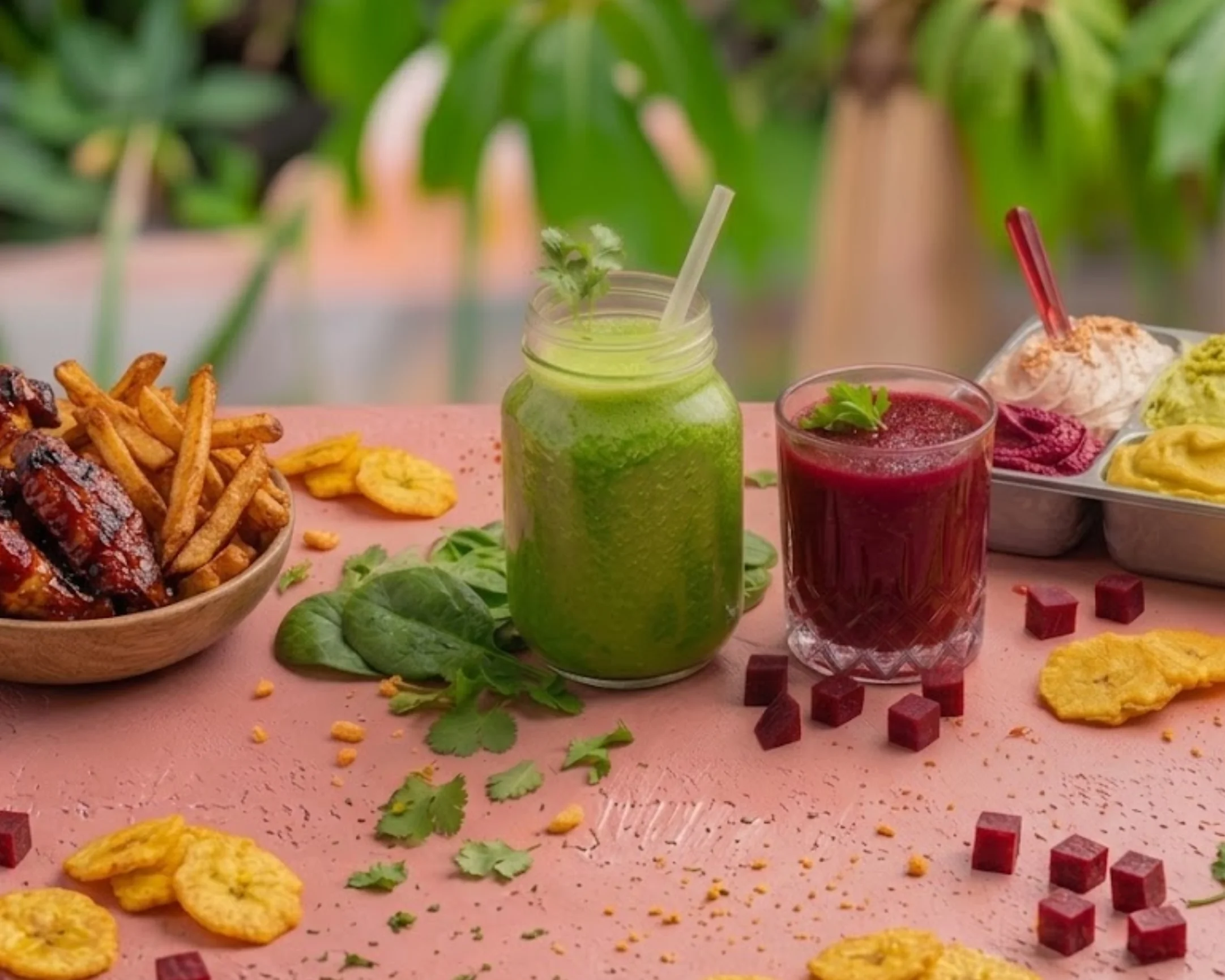 Delicious BBQ chicken wings with fries and refreshing drinks