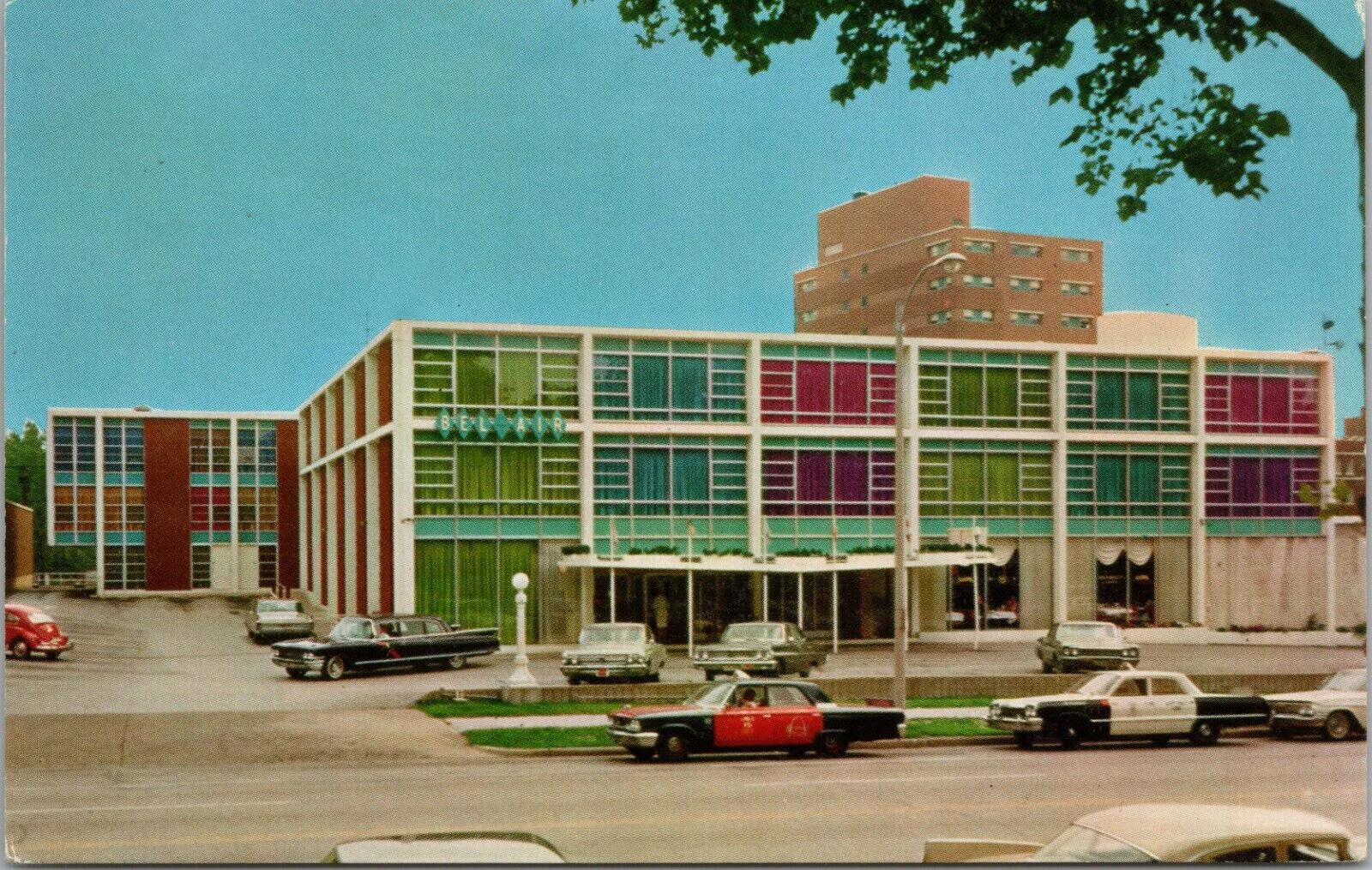 Modernist restaurant exterior with colorful glass panels