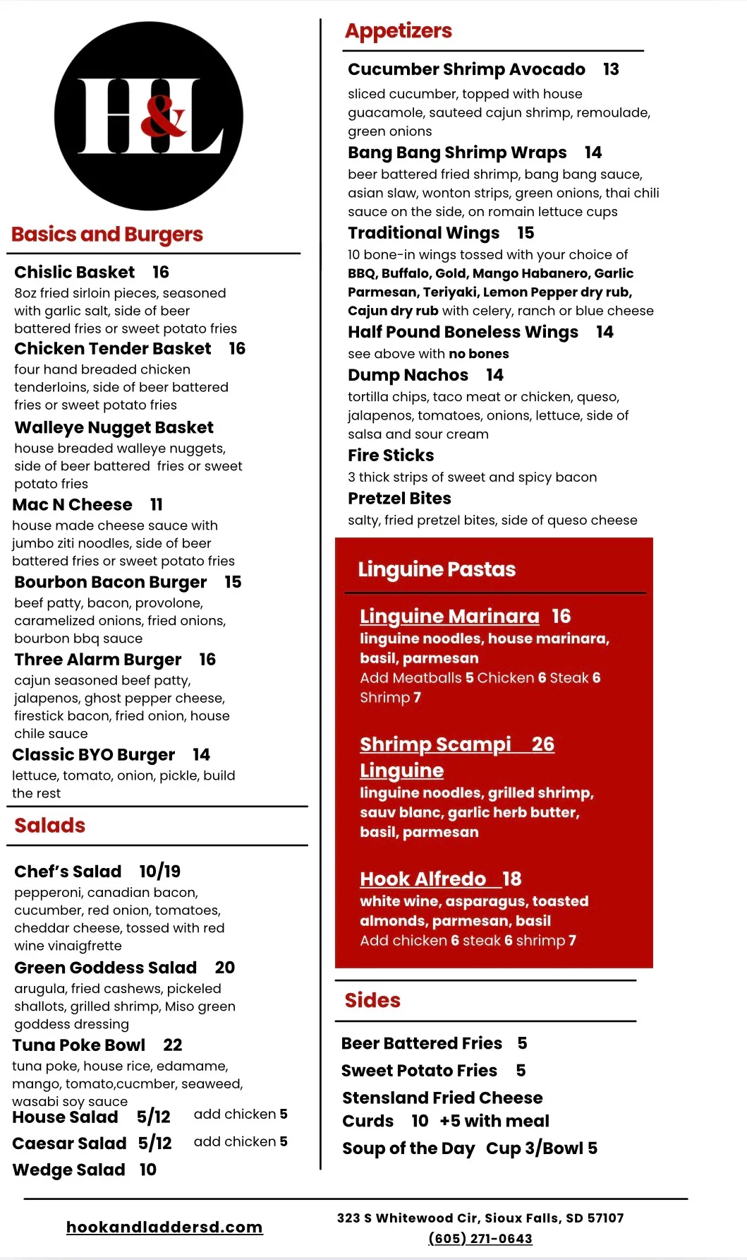 Menu of Hook & Ladder Kitchen featuring diverse American dishes