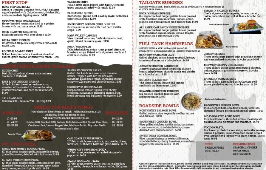 Diverse menu of American comfort food and appetizers
