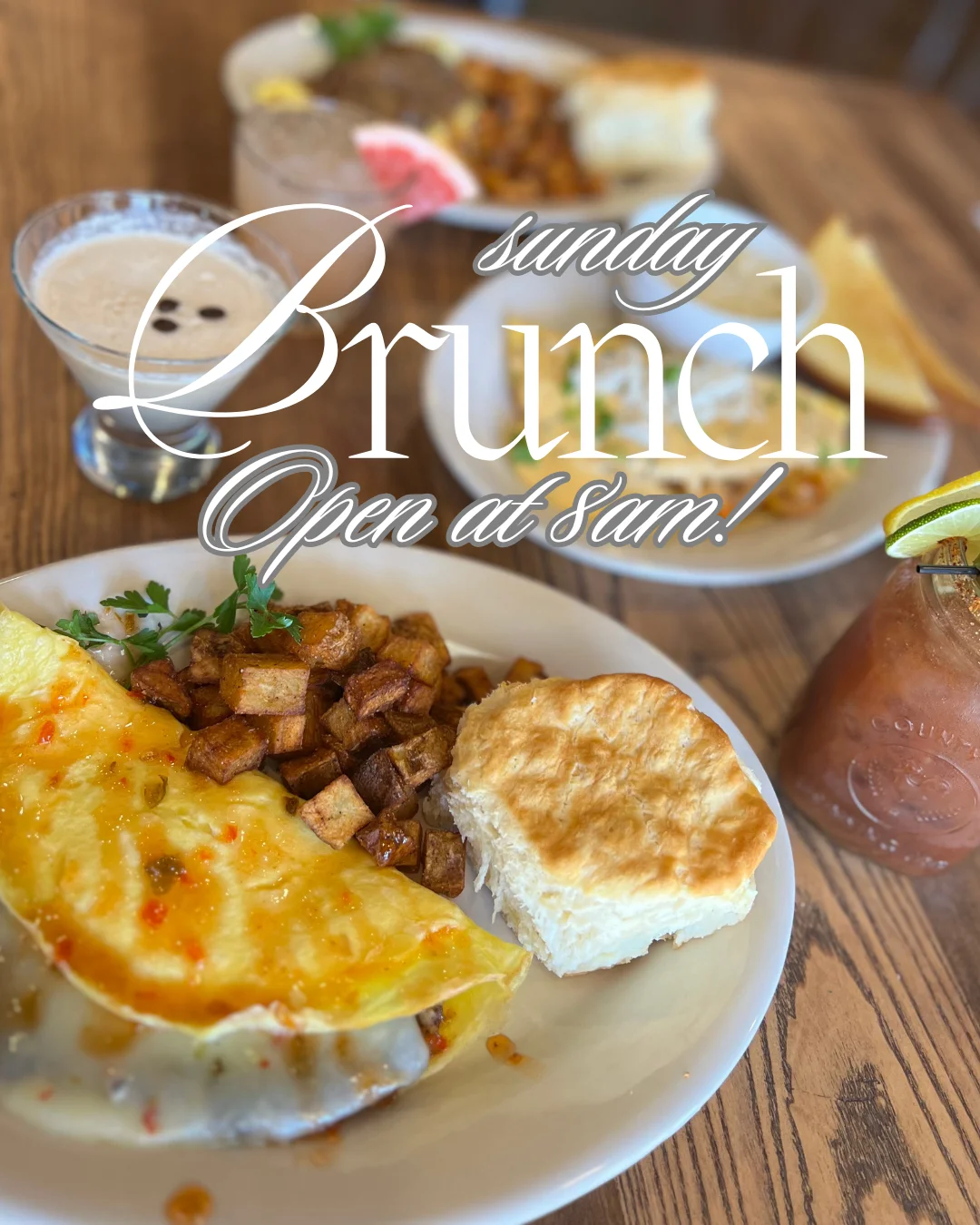Delicious brunch omelette with potatoes and biscuit