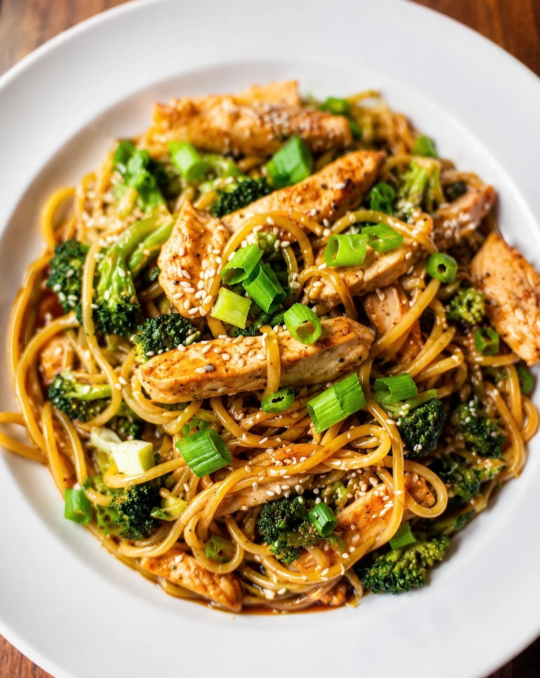 Delicious chicken lo mein with broccoli and green onions