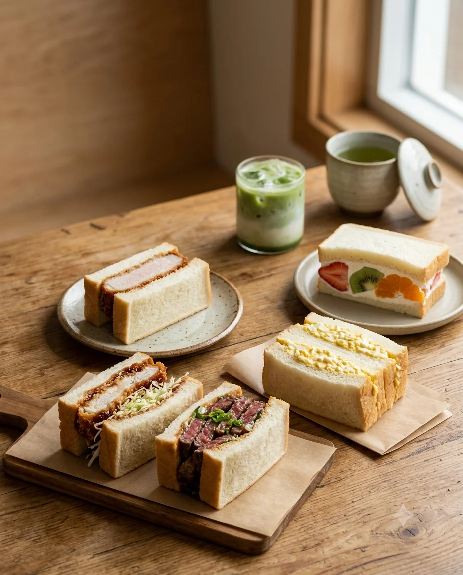 Japanese sando featuring katsu, kokoro, and egg varieties