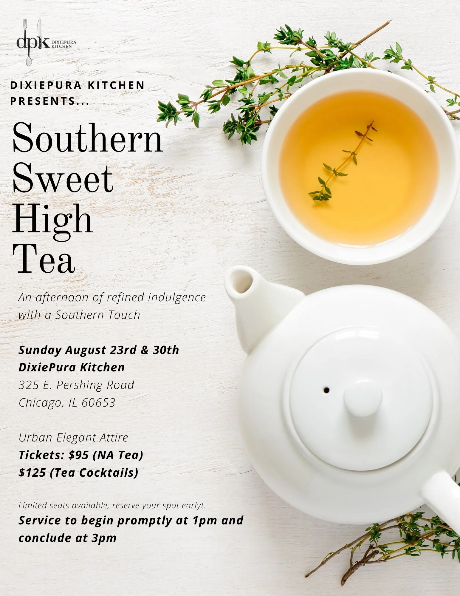 Southern high tea with tea and herbs at DixiePura Kitchen