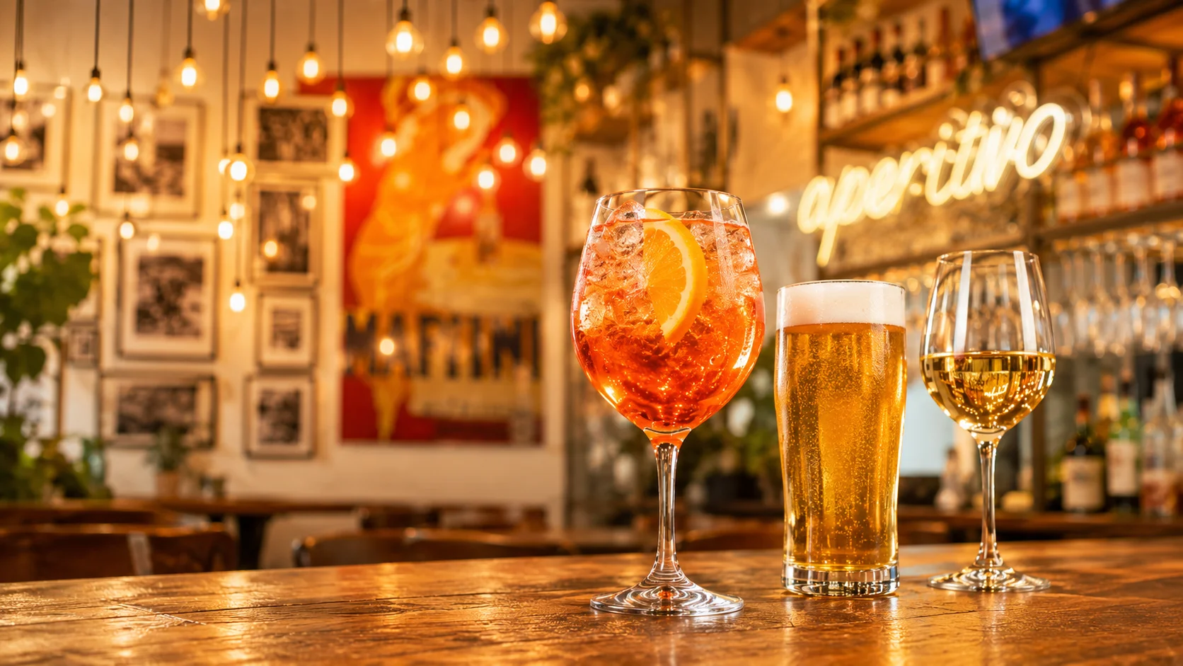 Colorful cocktails and beer in a stylish bar setting