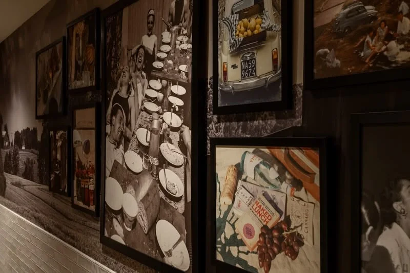 Artistic restaurant wall featuring vintage food photography