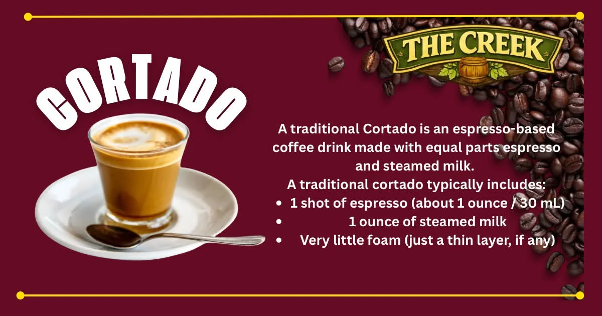 A cortado coffee served in a small glass on a white plate, accompanied by a spoon, with 'Cortado' prominently displayed above.