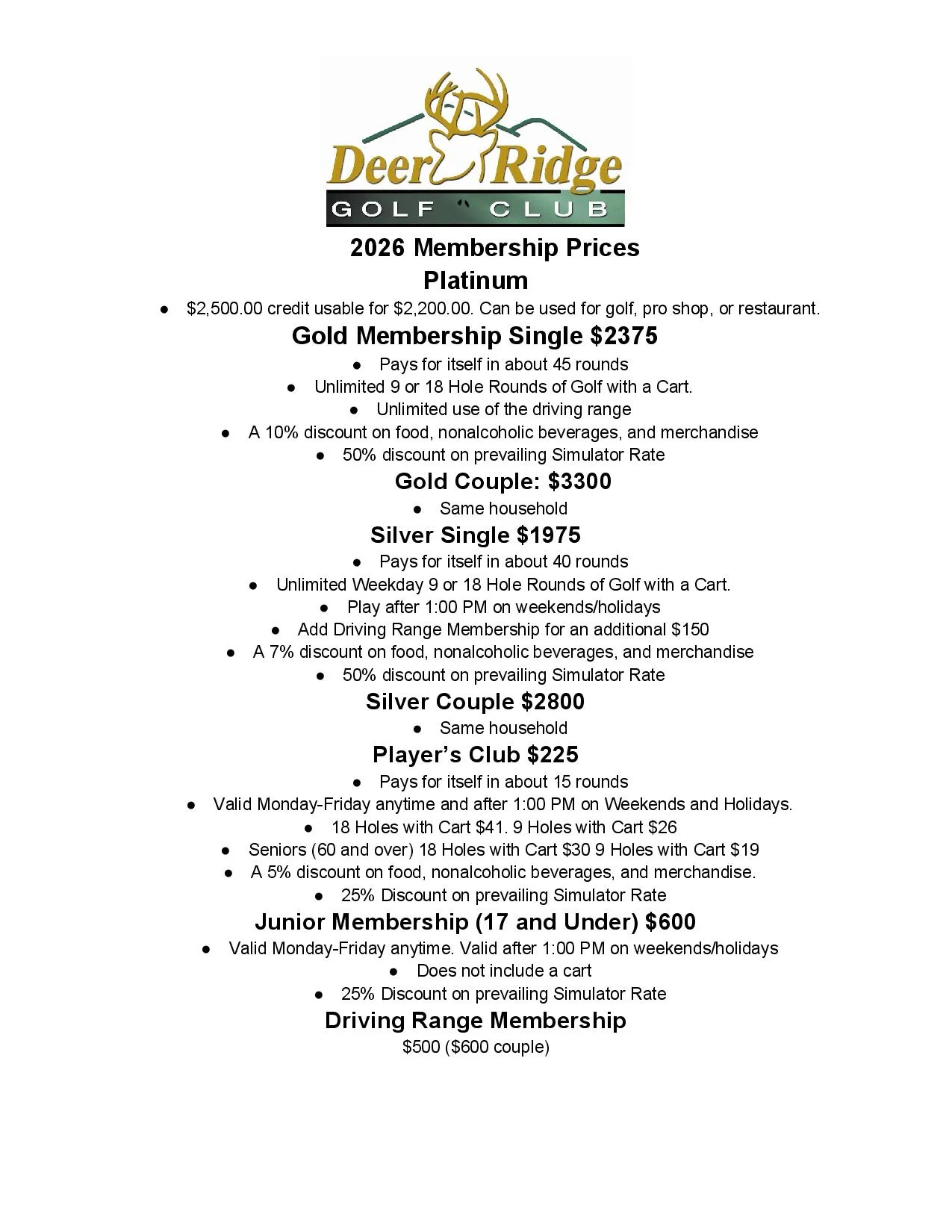 2026 membership pricing for Deer Ridge Golf Club