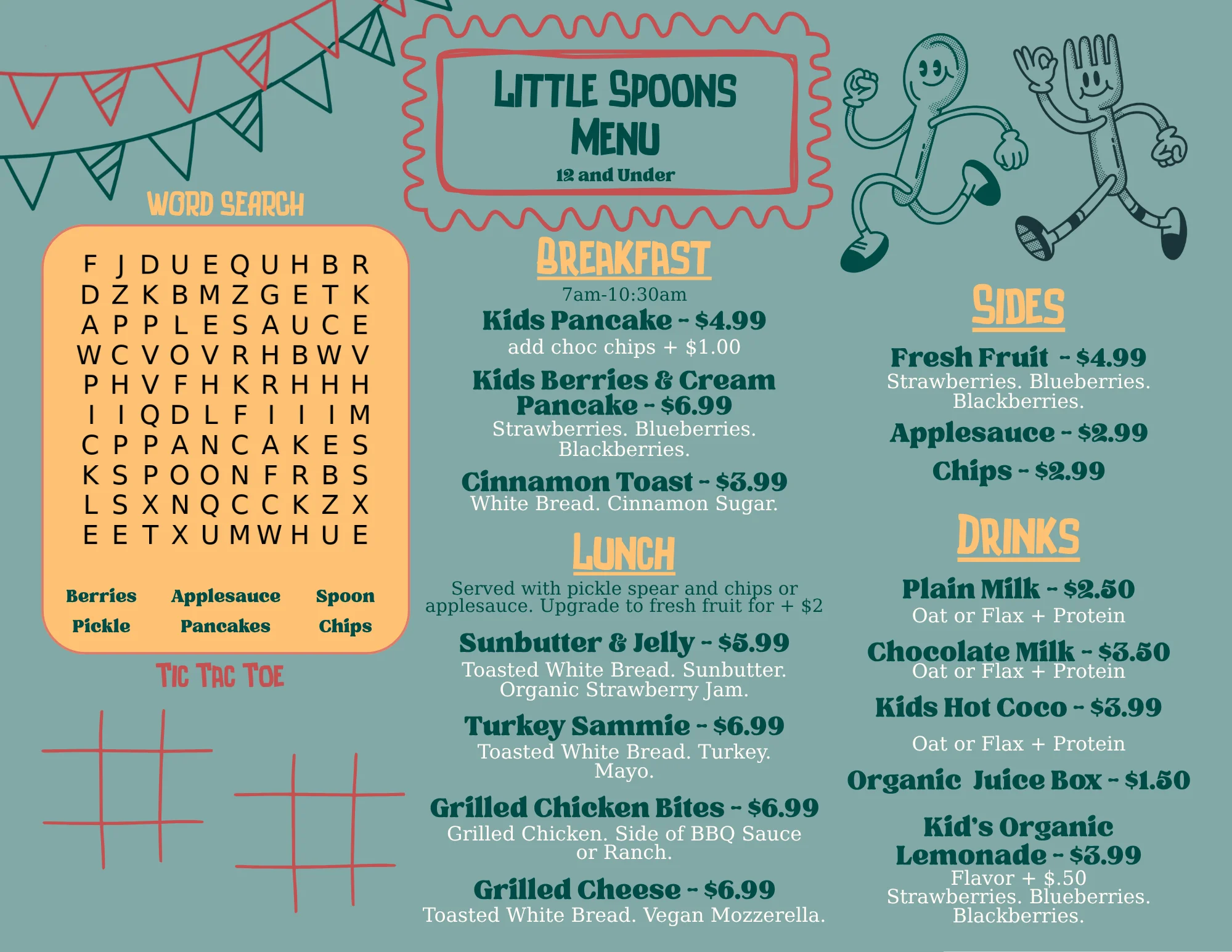 Illustrated Little Spoons kids menu with breakfast, lunch, sides, and drinks