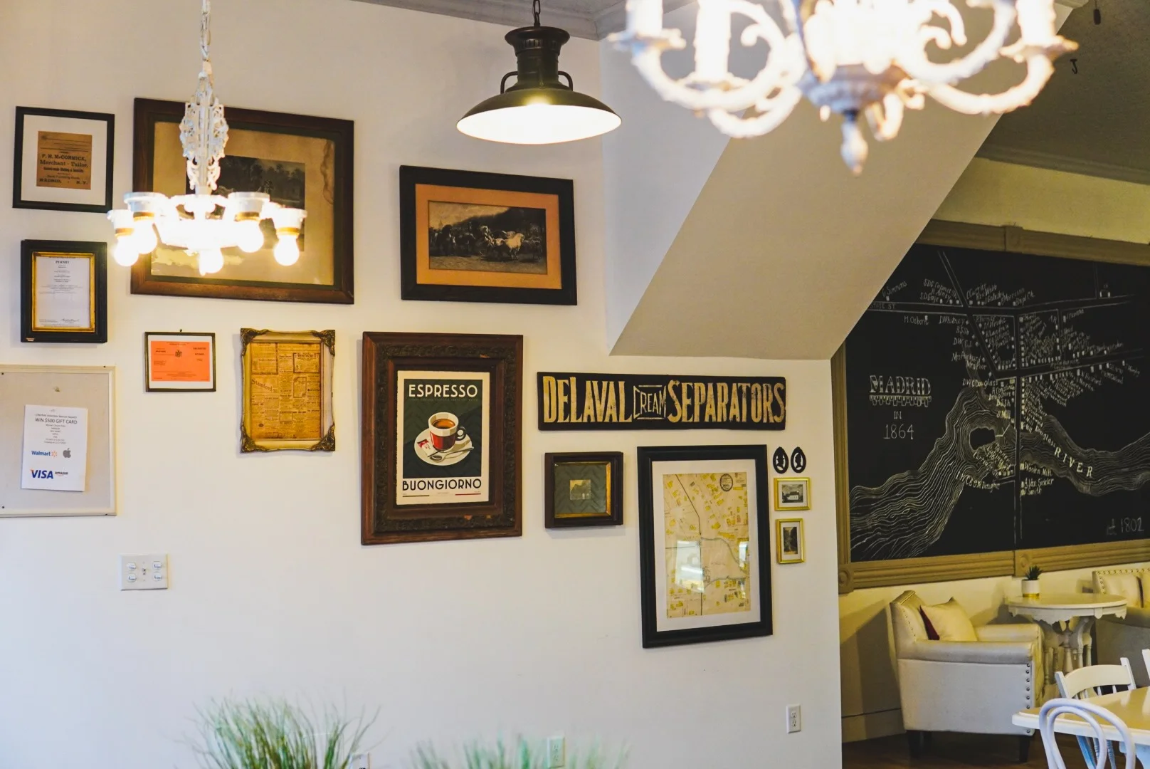 Charming restaurant interior with vintage decor and warm lighting