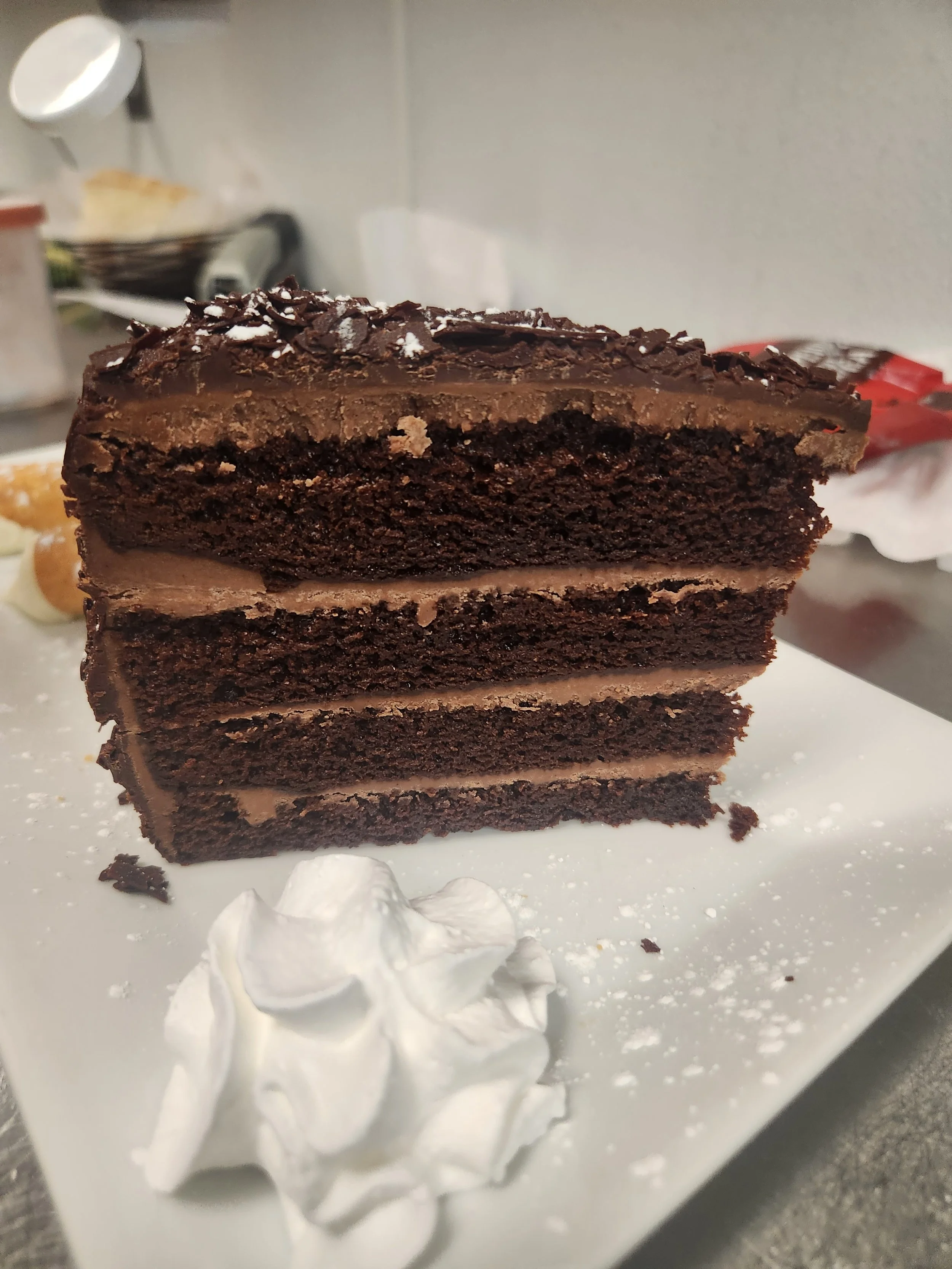 Decadent chocolate layer cake with whipped cream