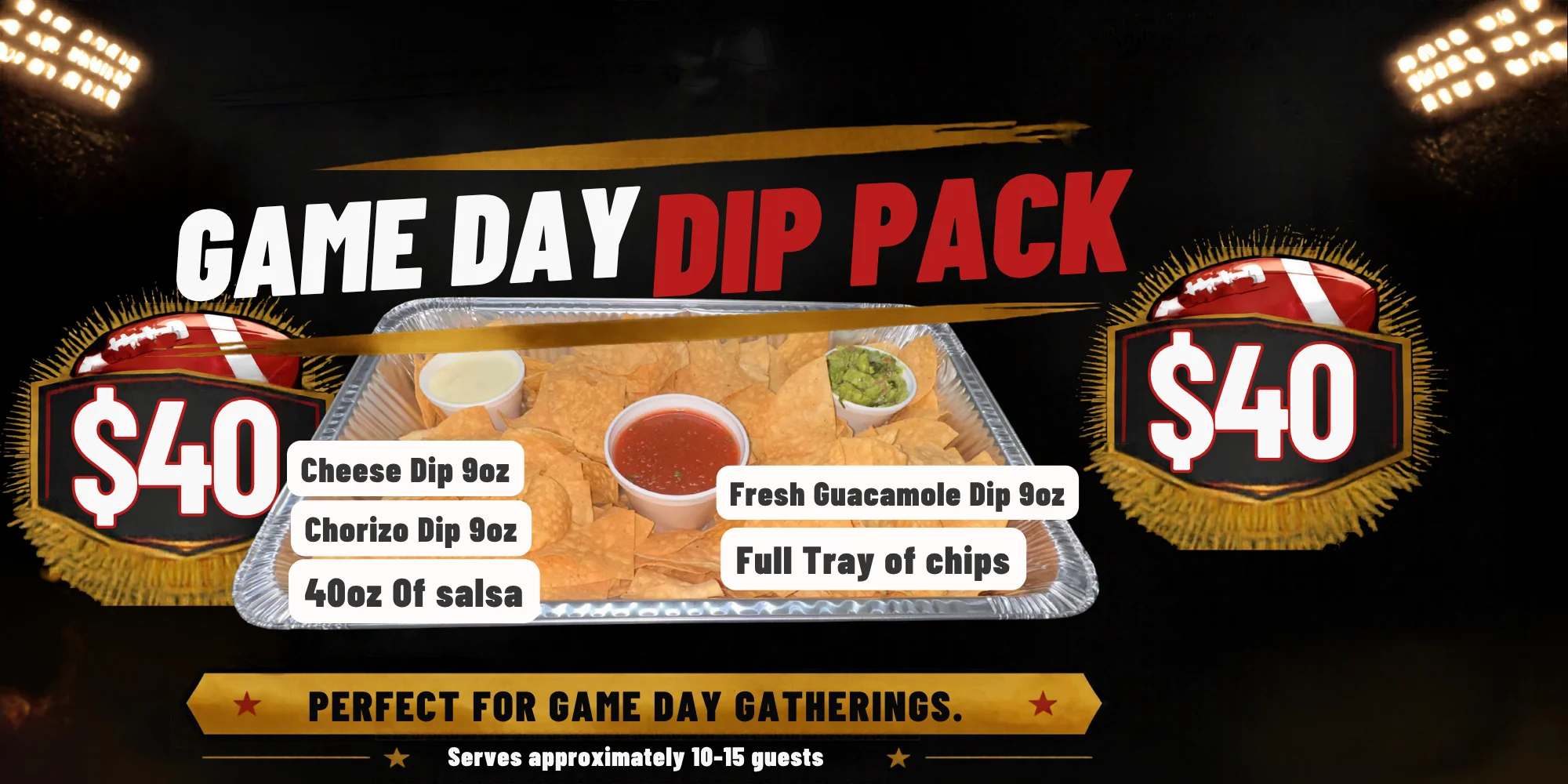 Game day nachos with salsa, guacamole, cheese dip, and chorizo dip
