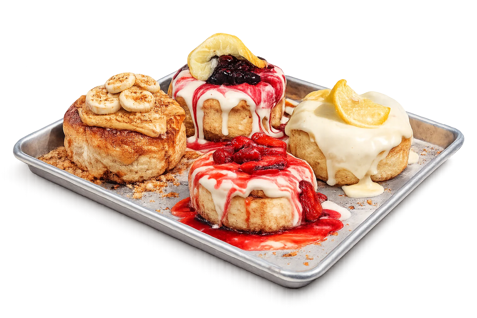 Assorted gourmet cinnamon rolls in a takeout box