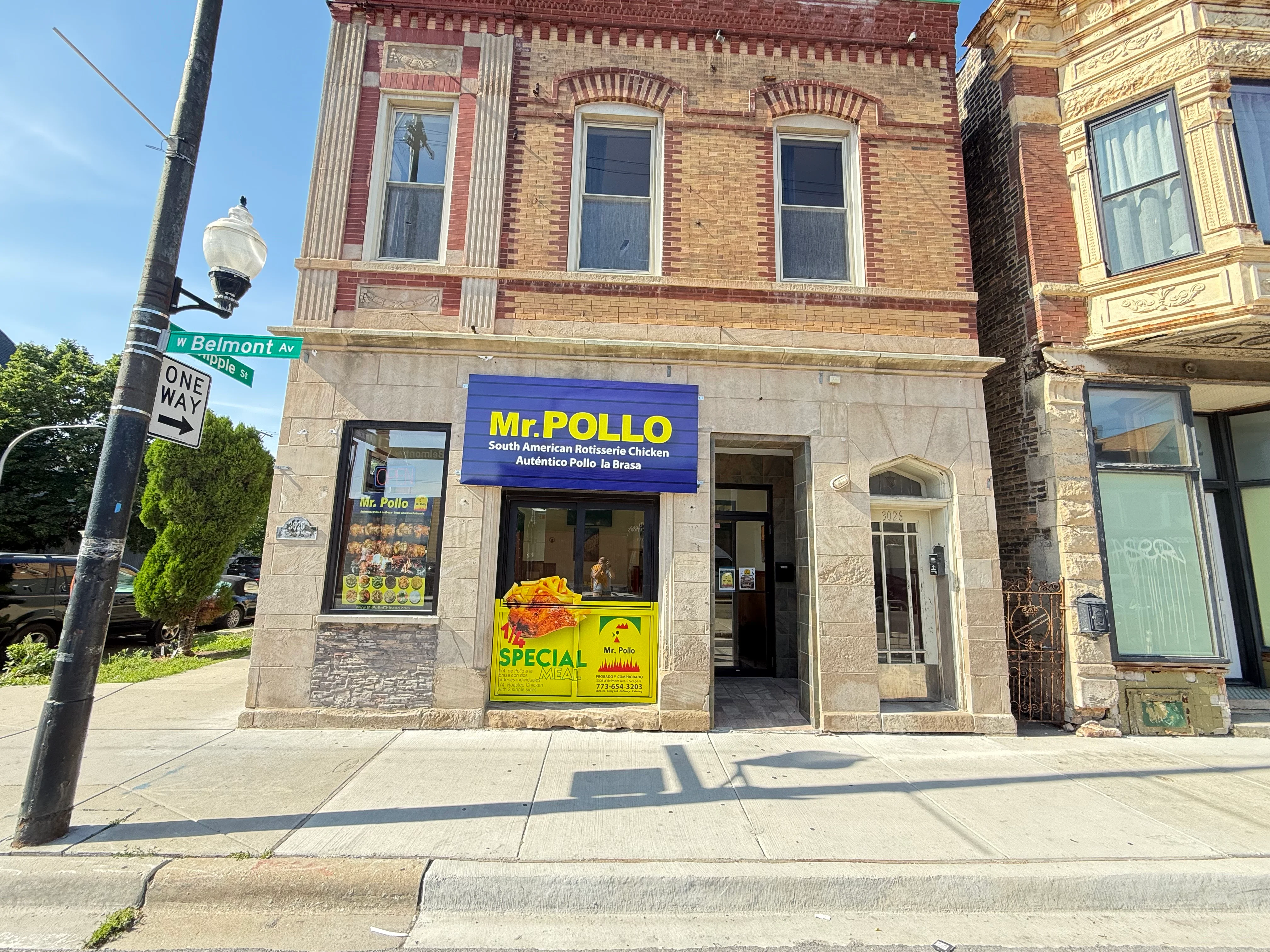 Exterior view of Mr. Pollo restaurant on Belmont Avenue.