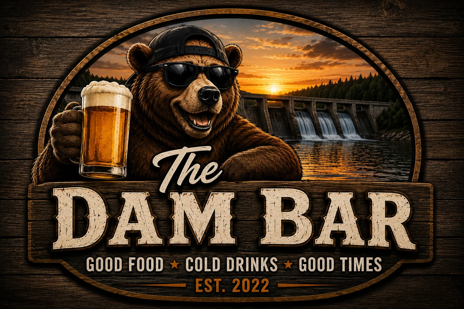 Logo of The Dam Bar featuring a bear with a beer in a scenic setting.
