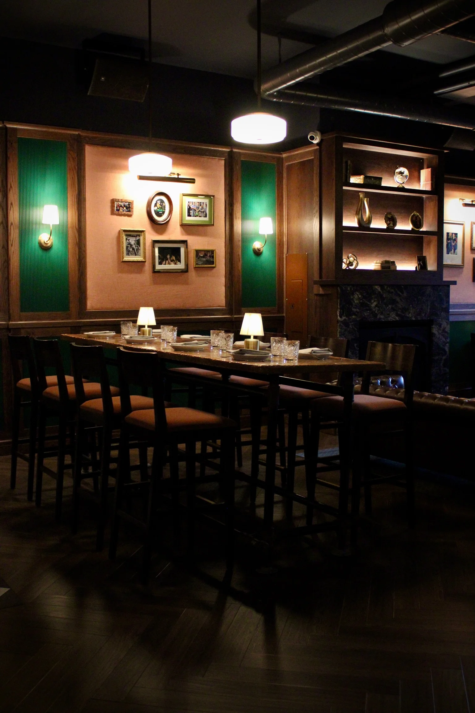 Cozy restaurant interior with warm lighting and wooden decor