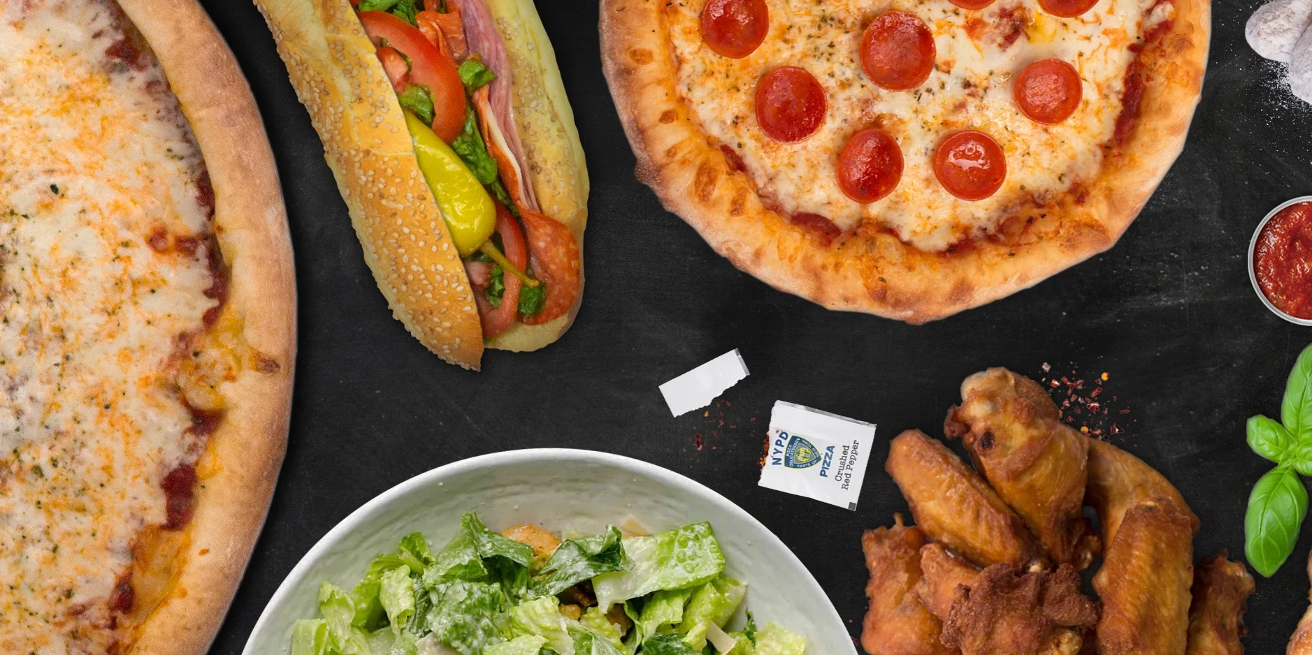 Assorted Italian dishes including pizza and wings
