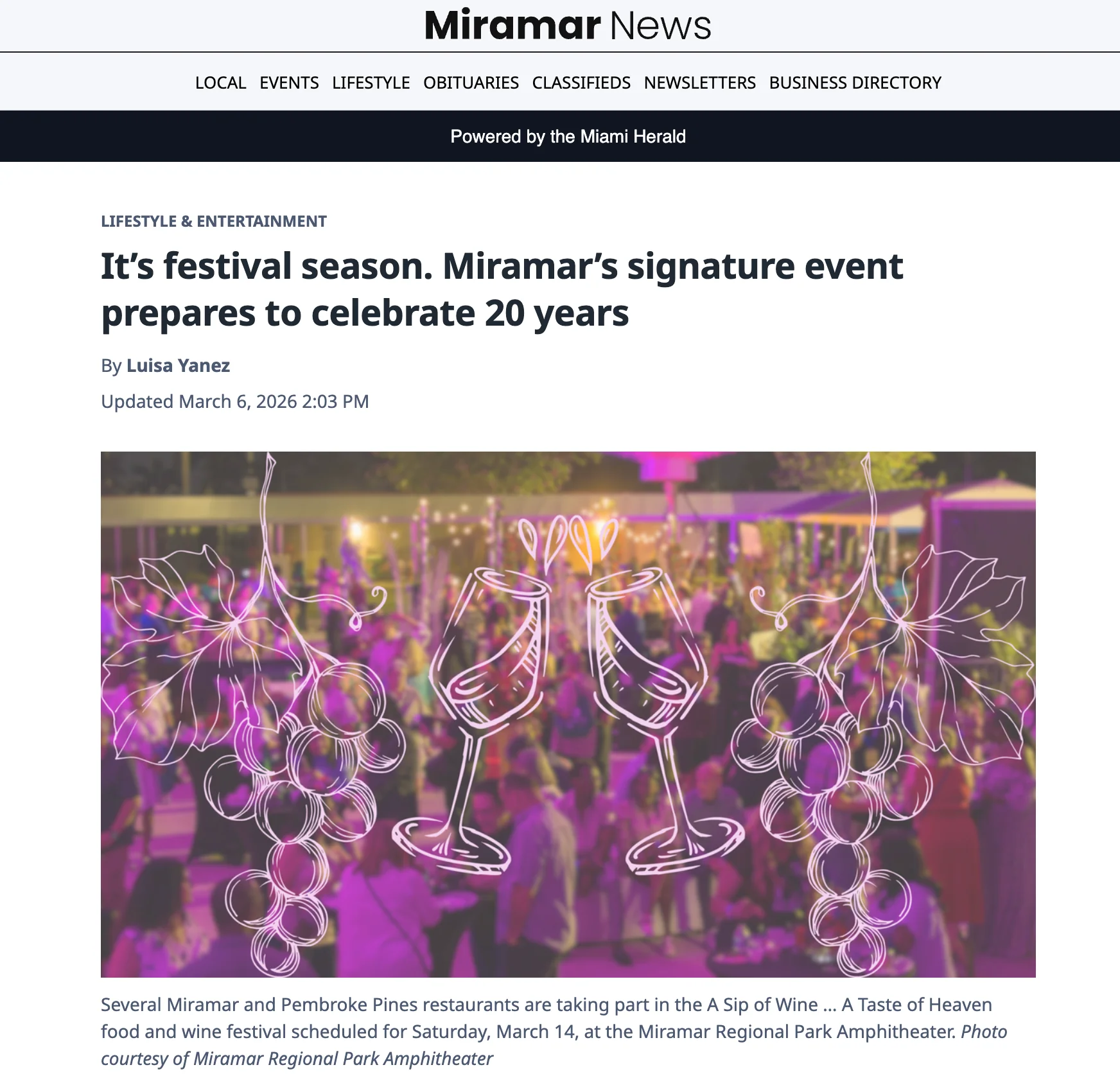 The city is preparing to host the 20th annual A Sip of Wine … A Taste of Heaven food and wine festival, a milestone year for the popular tasting event that spotlights restaurants from Miramar and neighboring communities including Pembroke Pines and Coral Springs. among restaurant is Sufrat mediterranean grill