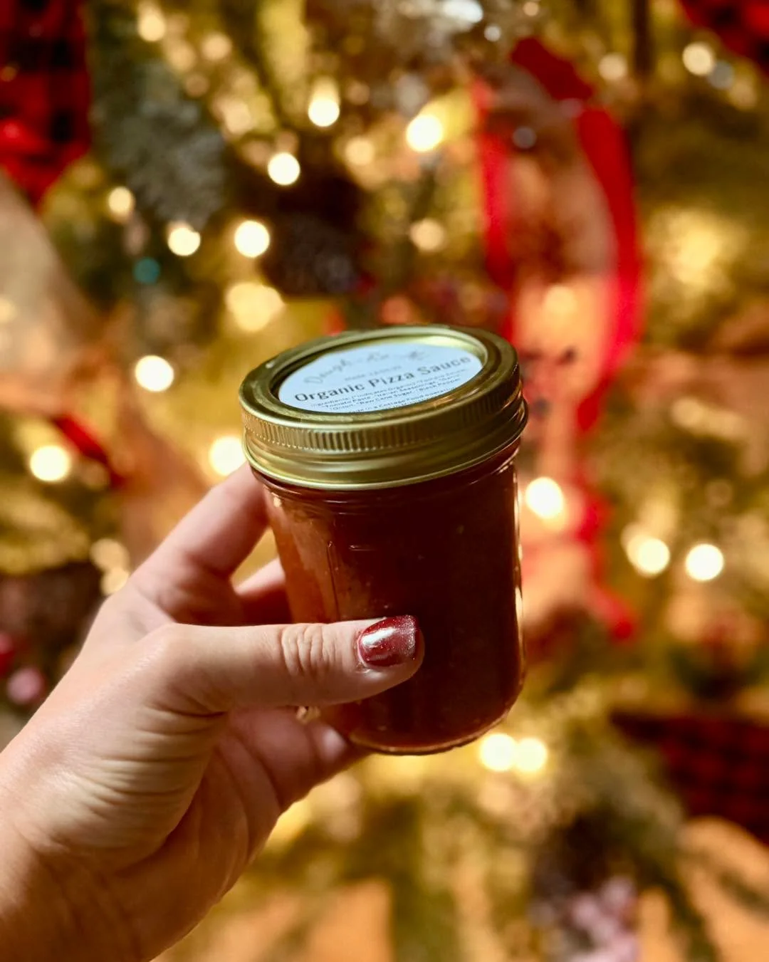 A jar of organic pizza sauce is held in front of a beautifully decorated Christmas tree, with bright lights in the background.