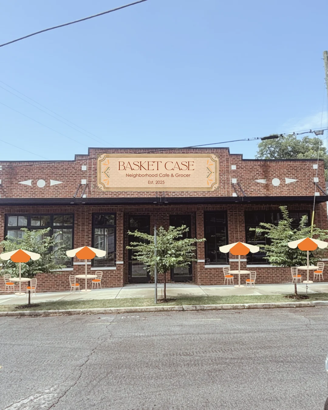 Charming neighborhood cafe exterior with outdoor seating