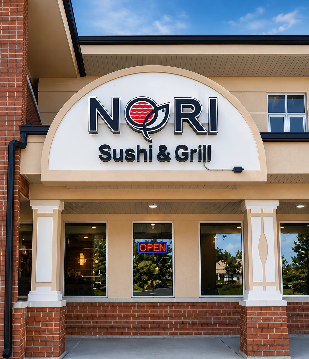 Japanese restaurant logo in red on black background