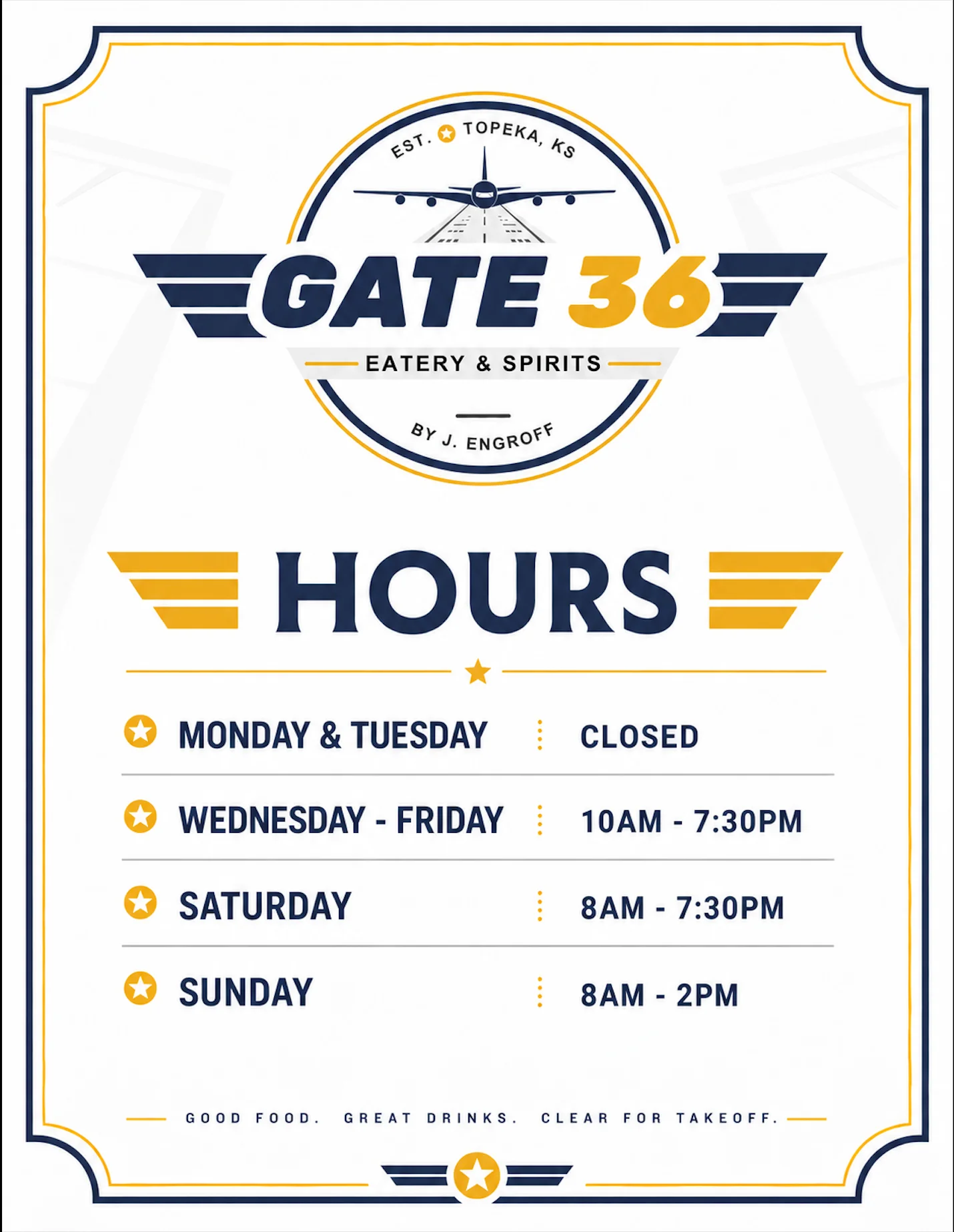 Operating hours sign for Gate 36 Eatery & Spirits in Topeka, KS