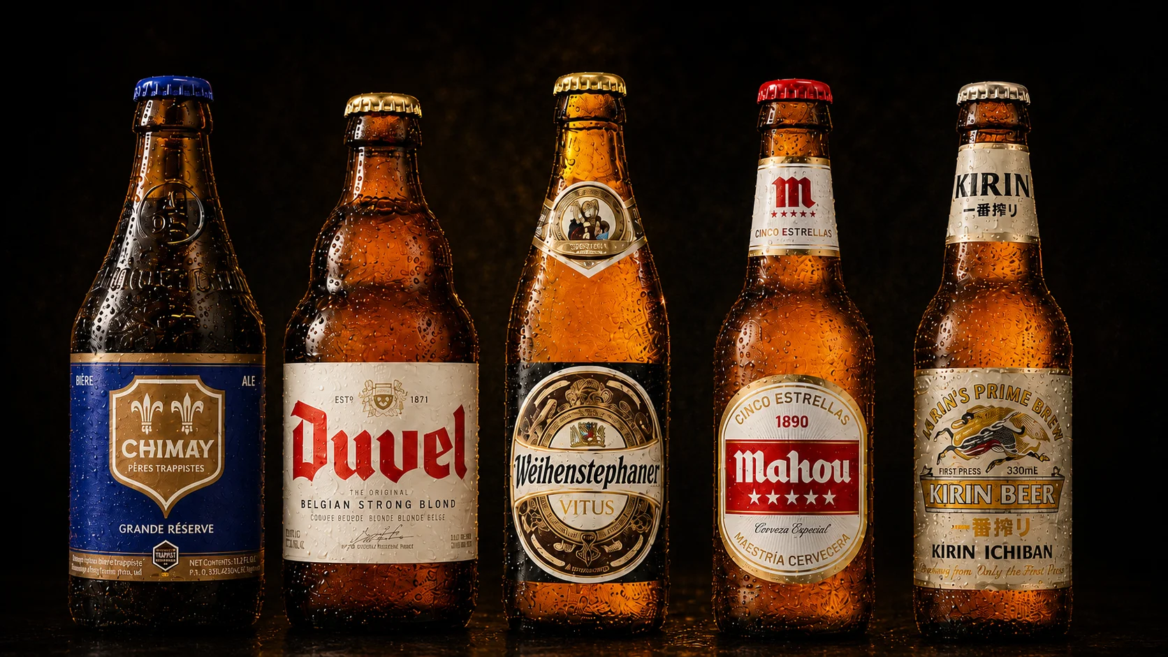 Selection of international beers with condensation on bottles