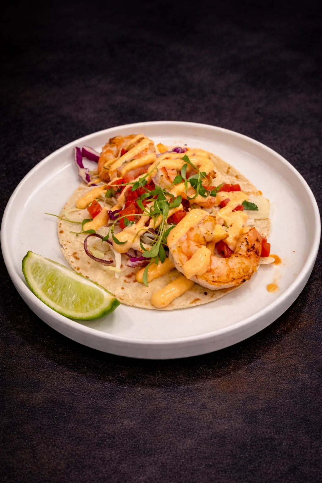 Shrimp tacos with spicy sauce and fresh toppings
