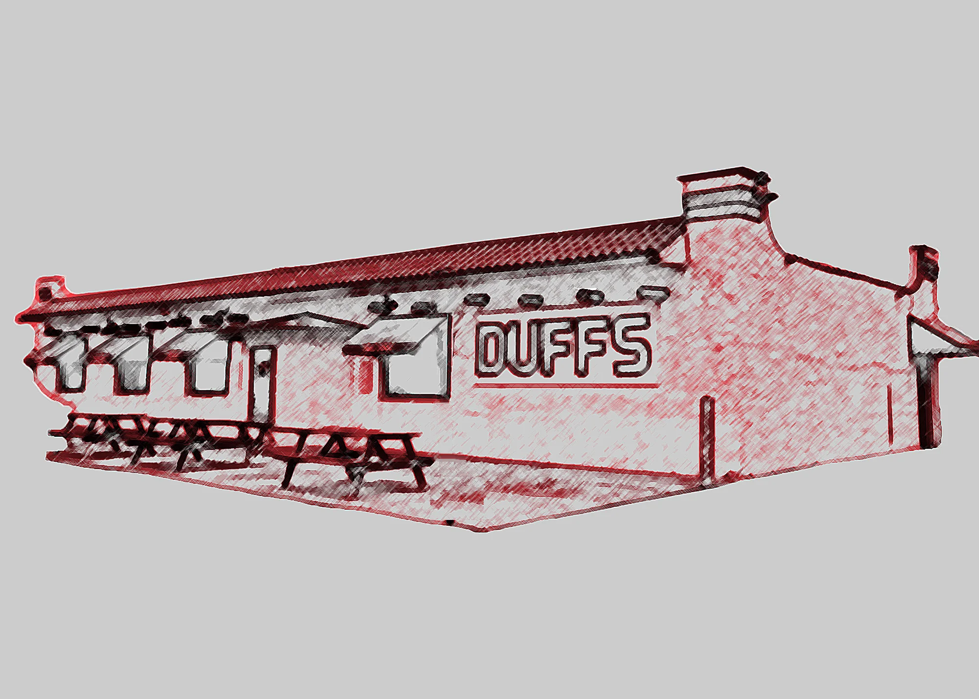 Illustration of a restaurant exterior named 'Duffs' with outdoor seating.