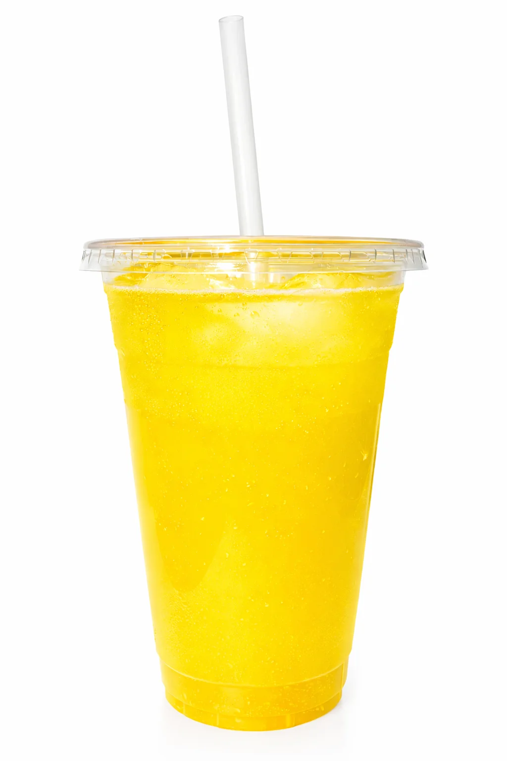 A vibrant yellow drink filled with ice, served in a clear plastic cup with a straw, perfect for refreshing sips.