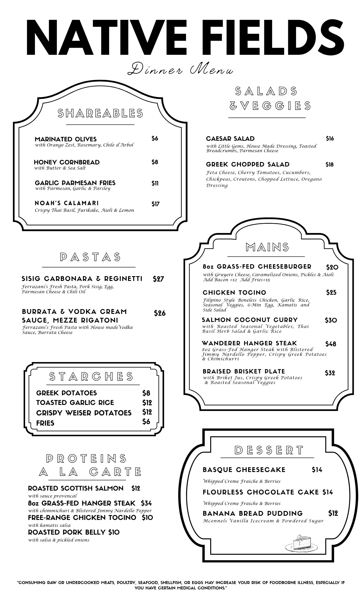 Dinner menu featuring diverse global dishes and shareable appetizers